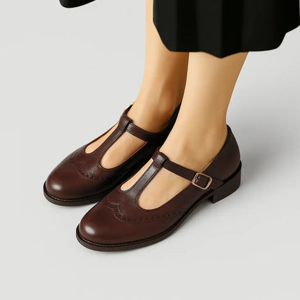 Women’s Soft Leather Vintage Mary Jane Walking Shoes by Nalovira - Brown