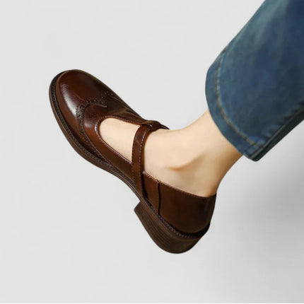Women’s Soft Leather Vintage Mary Jane Walking Shoes by Nalovira - Brown