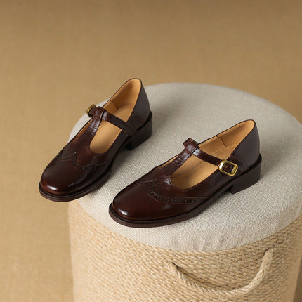 Women’s Soft Leather Vintage Mary Jane Walking Shoes by Nalovira - Brown