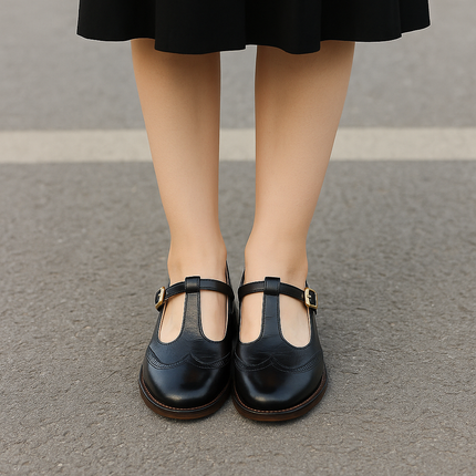 Women’s Soft Leather Vintage Mary Jane Walking Shoes by Nalovira - Black