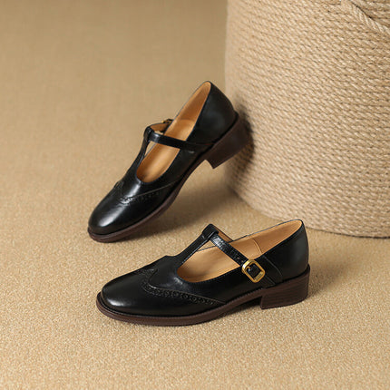 Women’s Soft Leather Vintage Mary Jane Walking Shoes by Nalovira - Black