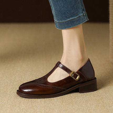 Women’s Soft Leather Vintage Mary Jane Walking Shoes by Nalovira - Brown