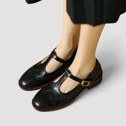 Women’s Soft Leather Vintage Mary Jane Walking Shoes by Nalovira - Black